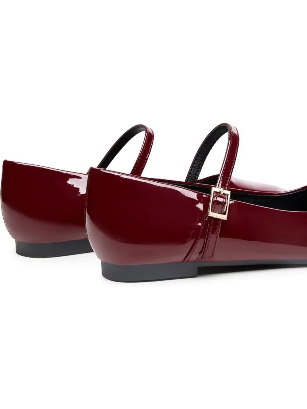 Women Wine Red Square Toe With Adjustable Buckle Strap Ballet Flat Slip On Shoes